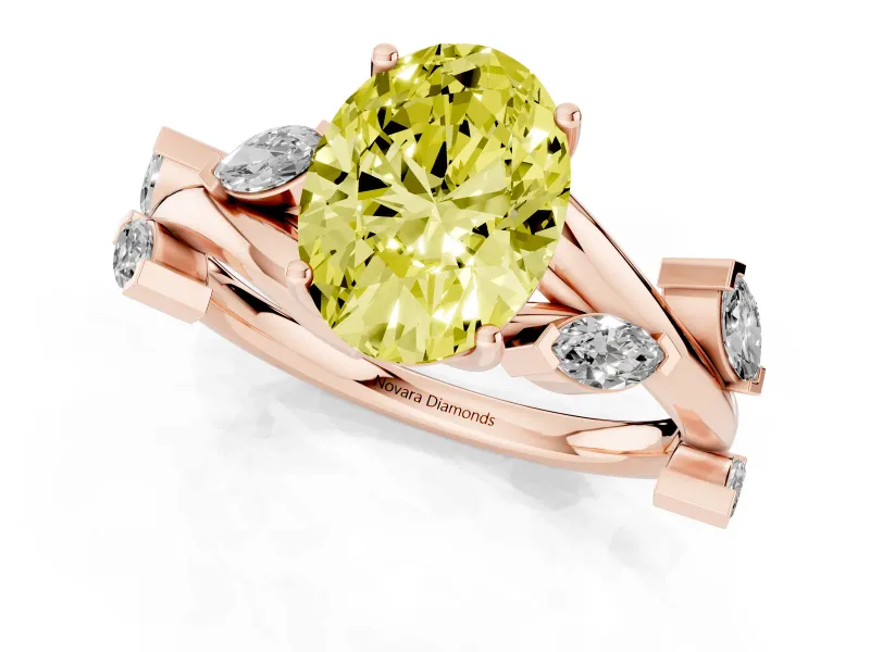 Fancy Yellow Oval Cut Diamond Solitaire Ring Set in Rose gold with Twisted Marquise Accent Band