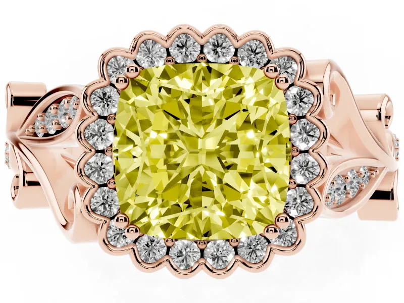 Cushion Cut Leaf Halo Engagement Ring Setting for a Fancy Yellow Lab-Grown Diamond | Rose Gold
