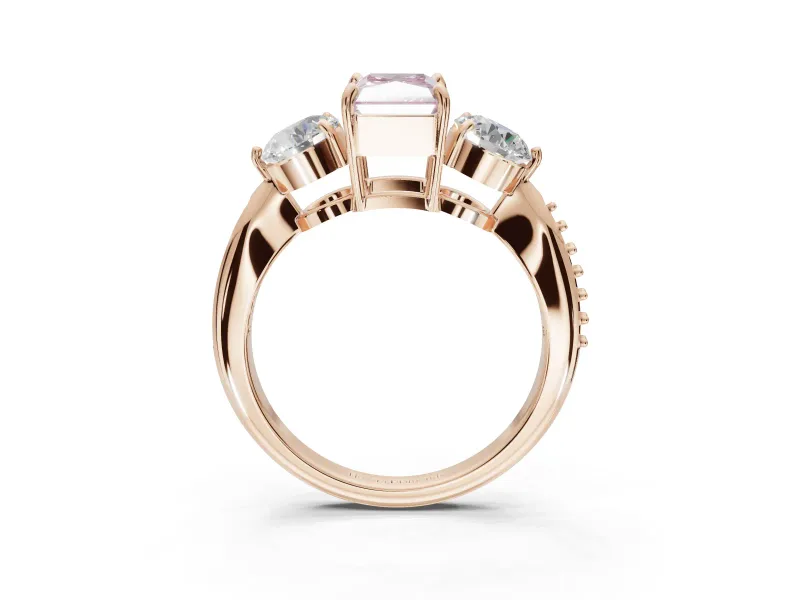 Radiant Cut Three Stone Engagement Ring Setting for a Fancy Pink Lab-Grown Diamond | Tapered Pave Band | Rose Gold
