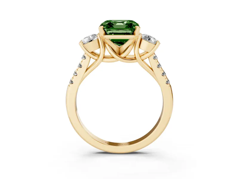 Fancy Green Three-Stone Asscher Cut Diamond Pavé Band Ring Set in Yellow gold with Prong-Set Trio