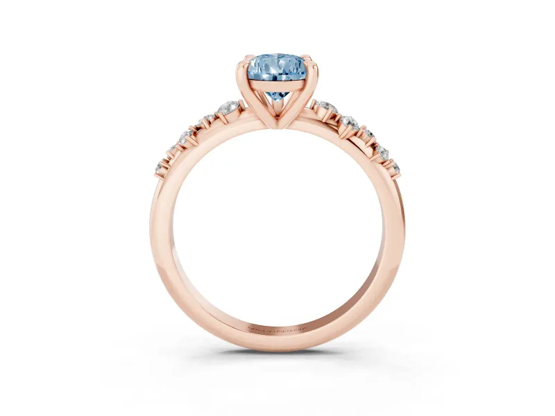 Fancy Blue Pear Cut Diamond Solitaire Vine Band Ring Set in Rose gold with Round Accents and Prong Setting
