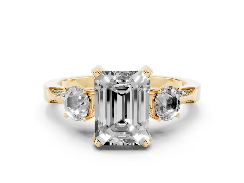 Fancy Black Emerald Cut Diamond Three-Stone Ring Set in Yellow gold with Pavé Band and Smaller Side Stones