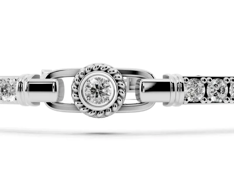 Round Lab-Grown Diamond Rope Frame Bezel Station Bracelet | Pavé Bar Links | White Gold