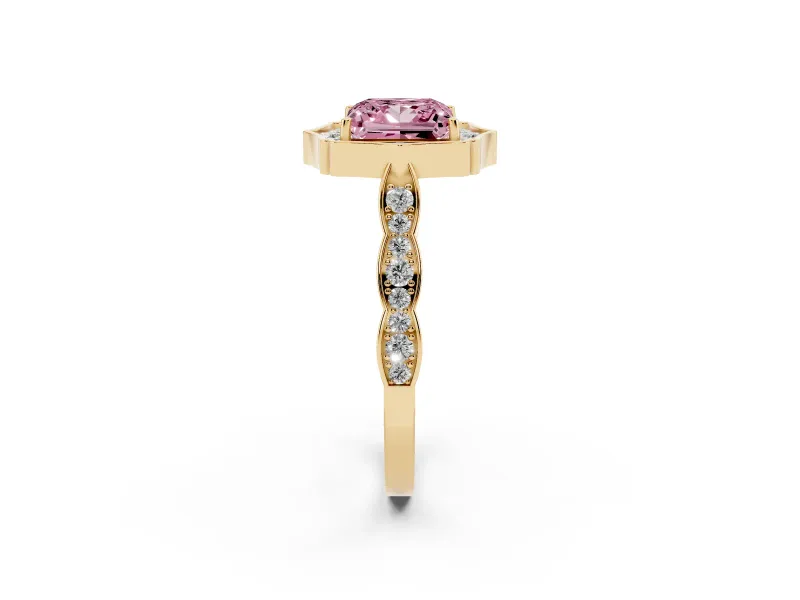 Princess Cut Vintage Scalloped Halo Engagement Ring Setting for a Fancy Pink Lab-Grown Diamond | Pave Band | Yellow Gold