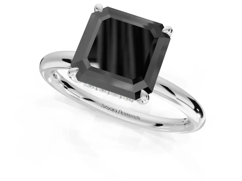 Asscher Cut Hidden Halo Engagement Ring Setting for a Black Center | Thin Plain Band | White Gold