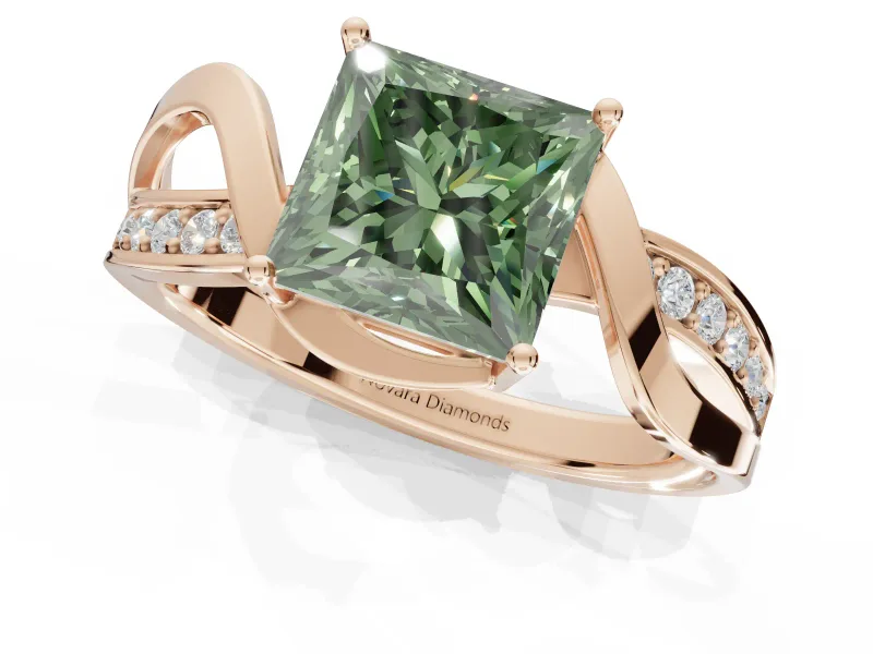 Princess Cut Bypass Solitaire Engagement Ring Setting for a Fancy Green Lab-Grown Diamond | Pavé Strands | Rose Gold