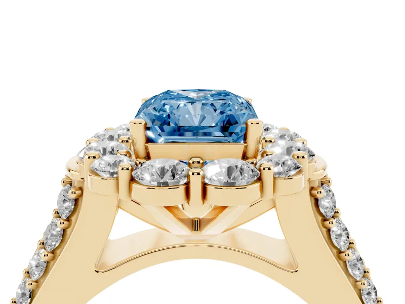 Radiant Cut Large Accent Halo Engagement Ring Setting for a Fancy Blue Lab-Grown Diamond | Graduated Pavé | Yellow Gold