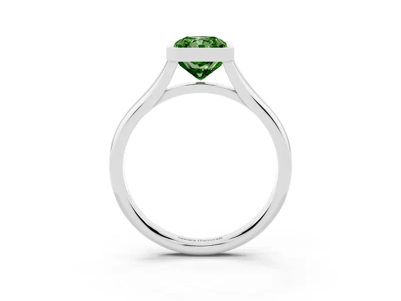 Fancy Green Bezel Set Radiant Cut Diamond Solitaire Ring Set in Platinum with Tapered Band