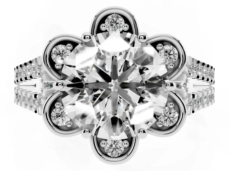 Round Petal Frame Floral Halo Engagement Ring Setting | Pavé Split Shank | Sterling Silver
