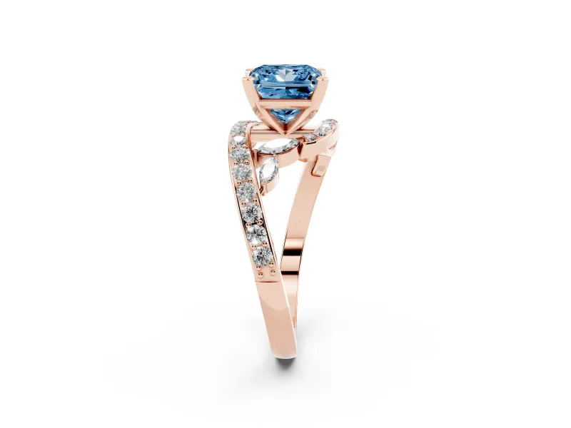 Fancy Blue Princess Cut Diamond Solitaire Ring Set in Rose gold with Pavé Twist Band and Secure Prong Setting