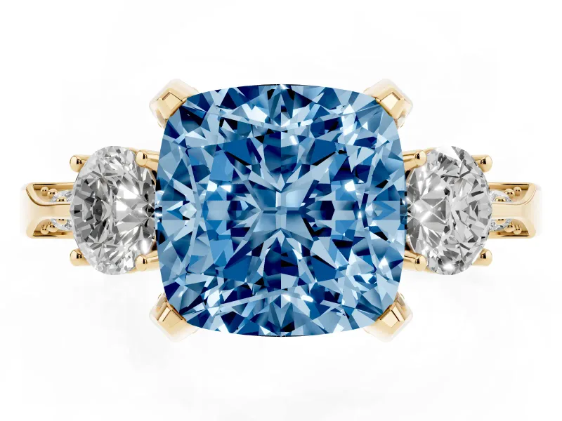 Cushion Cut Hidden Halo Three Stone Engagement Ring Setting for a Fancy Blue Lab-Grown Diamond | Yellow Gold