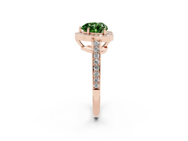 Fancy Green Heart Cut Diamond Halo Pavé Engagement Ring Set in Rose gold with Bezel Setting