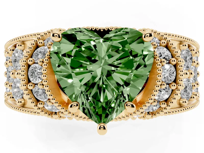 Heart-Shaped Vintage Pave Engagement Ring Setting for a Fancy Green Lab-Grown Diamond | Milgrain Edges | Yellow Gold