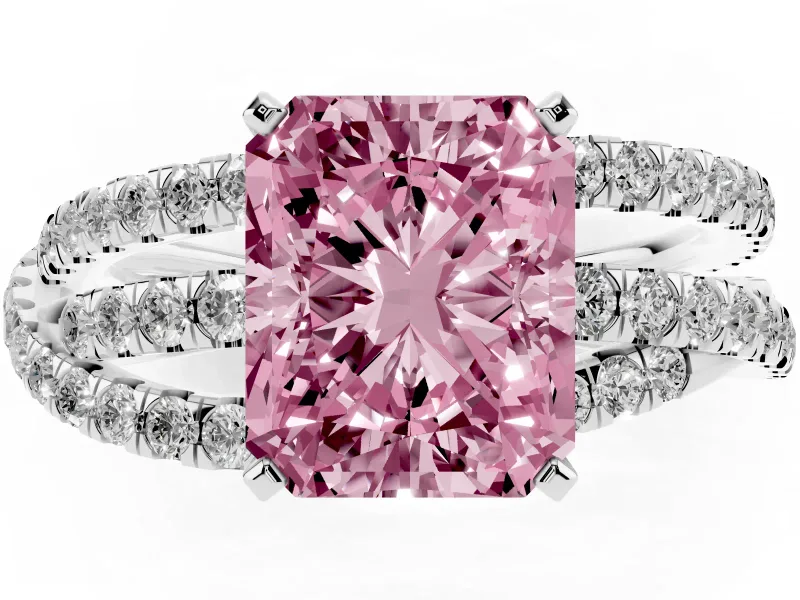 Fancy Pink Radiant Cut Diamond Solitaire Twist Band Ring Set in White gold with Pavé Setting and Prong Head