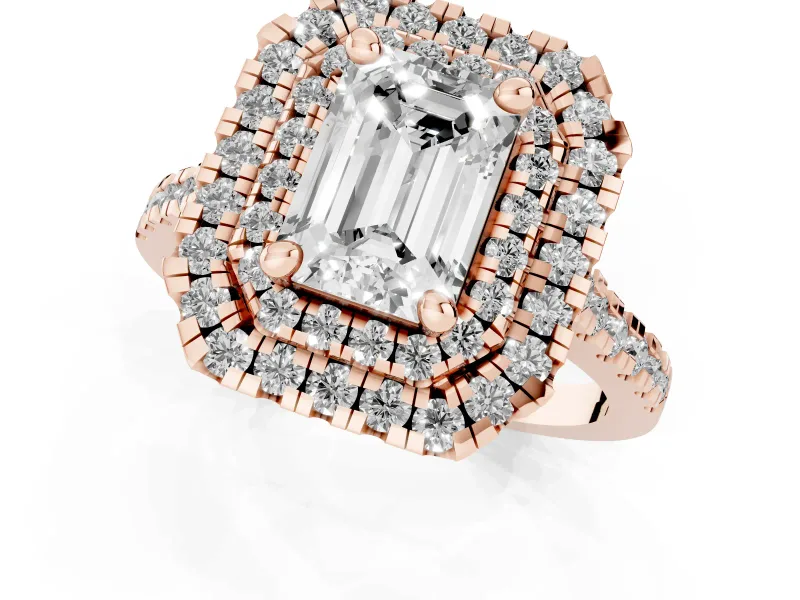 Emerald Cut Diamond Double Halo Statement Ring Set in Rose gold with Pavé Band