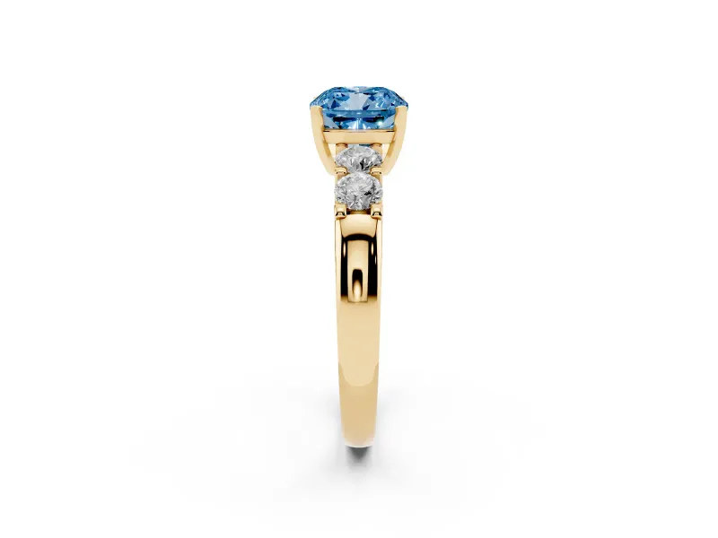 Fancy Blue Cushion Cut Diamond Five-Stone Prong Set Engagement Ring Set in Yellow gold with Channel Band