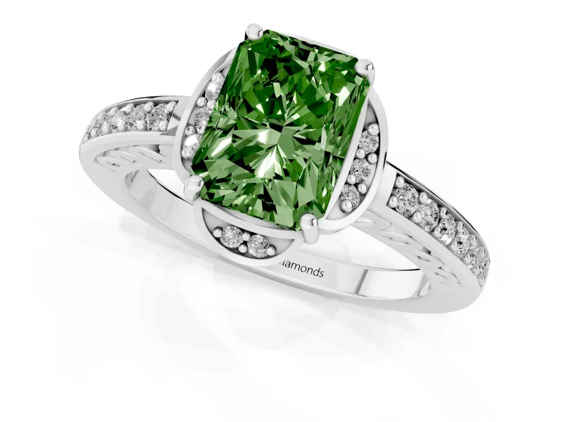 Fancy Green Radiant Cut Diamond Halo Ring Set in Platinum with Channel Set Band and Prong Setting