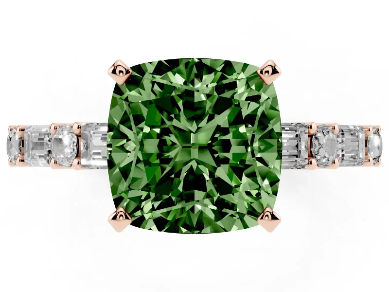 Fancy Green Cushion Cut Diamond Solitaire Set in Rose gold with Side Baguettes and Channel Set Band
