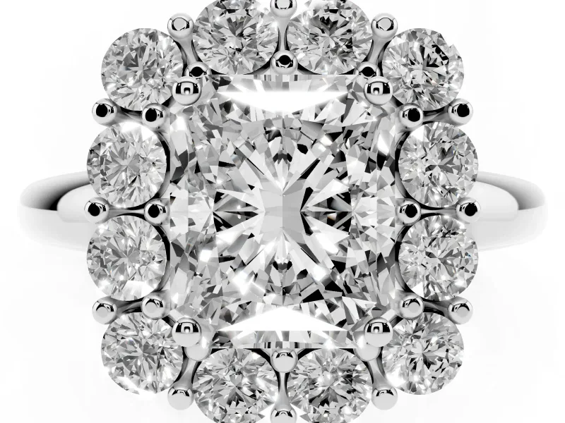 Radiant Cut Cluster Halo Engagement Ring Setting | Large Round Accents | Sterling Silver