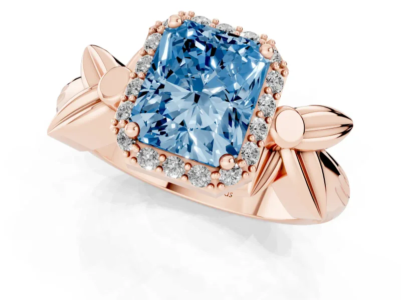 Radiant Cut Floral Halo Engagement Ring Setting for a Fancy Blue Lab-Grown Diamond | Rose Gold