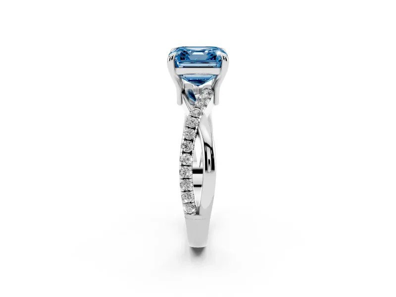 Fancy Blue Asscher Cut Diamond Twist Band Solitaire Set in Platinum with Pavé Accents and Prong Setting