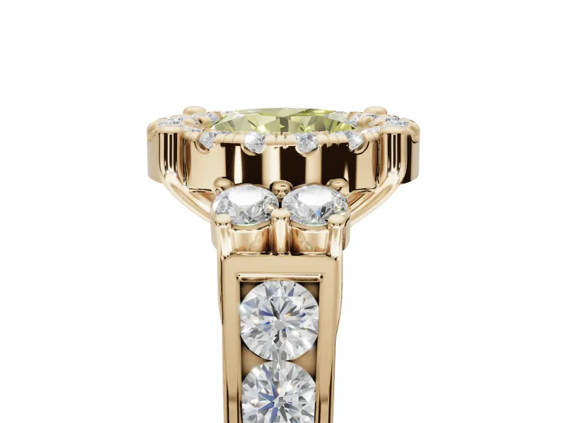 Round Halo Engagement Ring Setting for a Fancy Yellow Lab-Grown Diamond | Graduated Channel Band | Yellow Gold