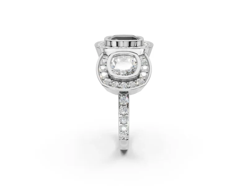 Cushion Cut Three Stone Halo Engagement Ring Setting for a Black Center | Sterling Silver