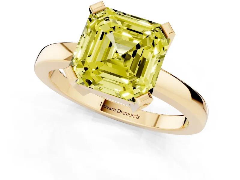 Fancy Yellow Asscher Cut Diamond Solitaire Ring Set in Yellow gold with Prong Head and Smooth Polished Band