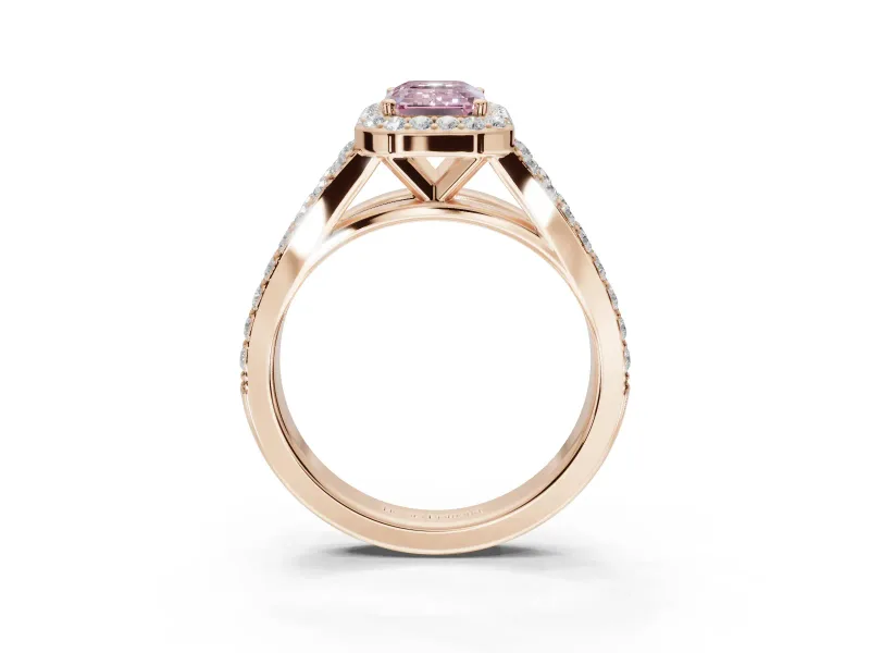 Emerald Cut Halo Pavé Engagement Ring Setting for a Fancy Pink Lab-Grown Diamond | Narrow Split Shank | Rose Gold