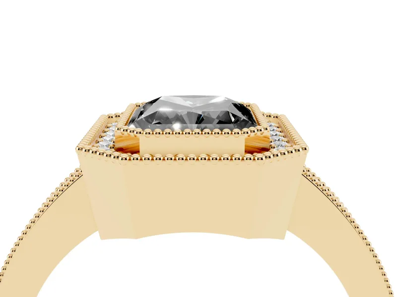 Fancy Black Radiant Cut Diamond Halo Engagement Ring Set in Yellow gold with Pavé Band and Round Halo Stones