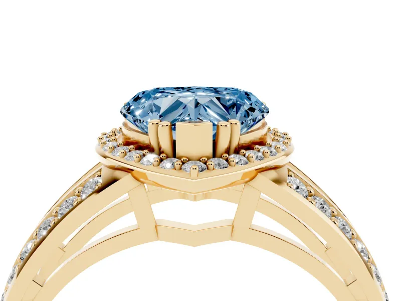 Heart-Shaped Halo Engagement Ring Setting for a Fancy Blue Lab-Grown Diamond | Two-Row Pave Split Shank | Yellow Gold