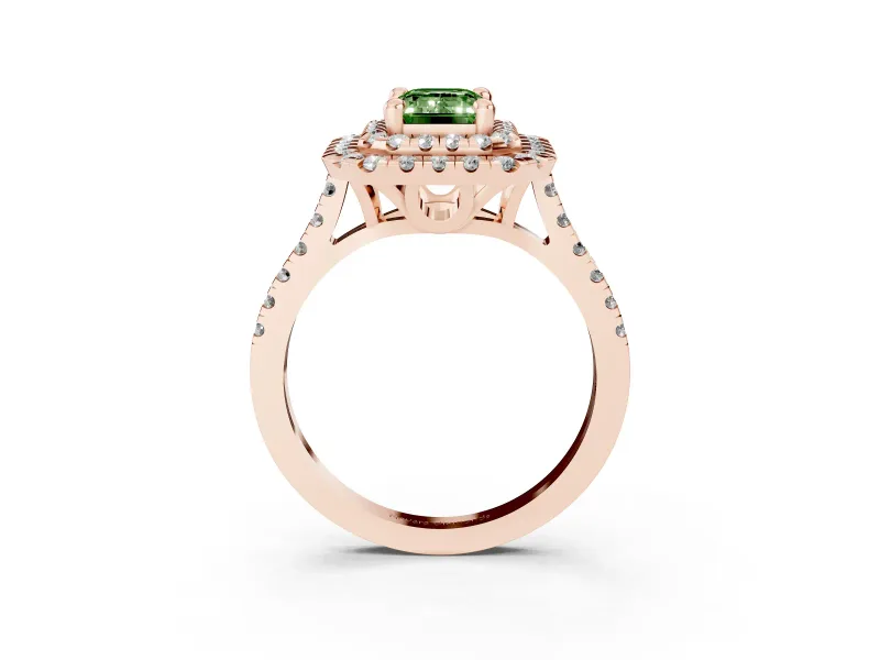 Fancy Green Emerald Cut Diamond Double Halo Statement Ring Set in Rose gold with Pavé Band
