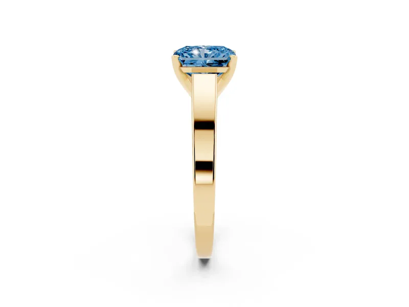 Fancy Blue Radiant Cut Diamond Solitaire Engagement Ring Set in Yellow gold with Prong Setting and Tapered Band