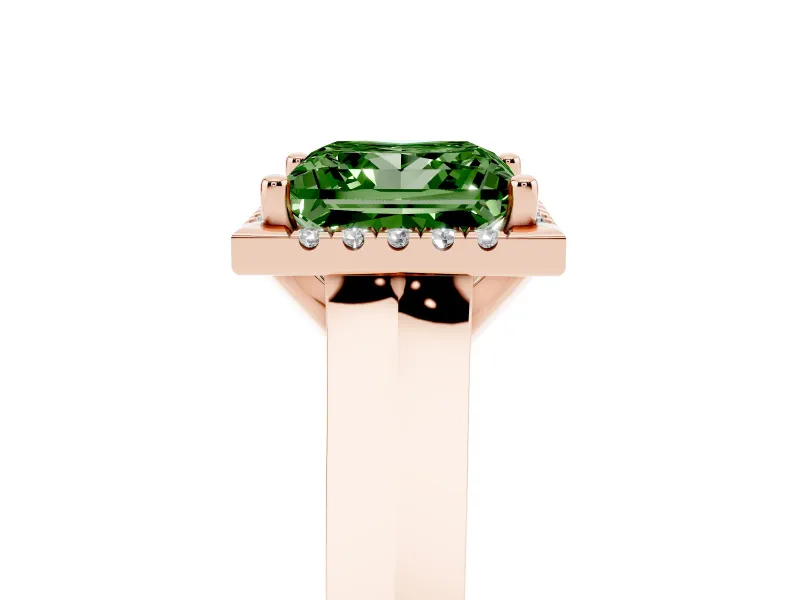 Fancy Green Princess Cut Diamond Halo Ring Set in Rose gold with Cathedral Band and Prong Setting