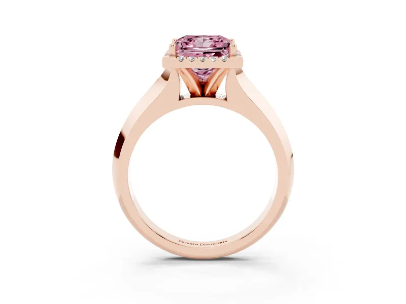 Fancy Pink Princess Cut Diamond Halo Ring Set in Rose gold with Cathedral Band and Prong Setting