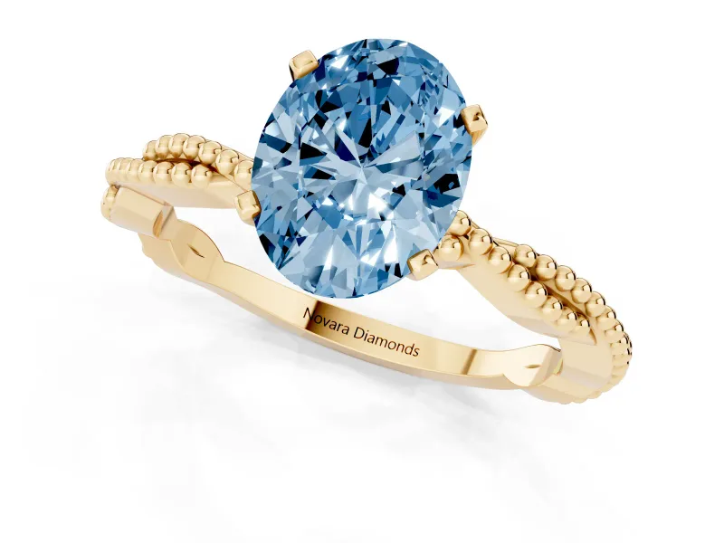 Oval Twisted Engagement Ring Setting for a Fancy Blue Lab-Grown Diamond | Beaded Twist | Yellow Gold