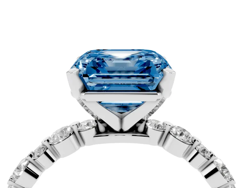 Fancy Blue Asscher Cut Diamond Prong Set Engagement Ring Set in Platinum with Round Accent Pavé Band