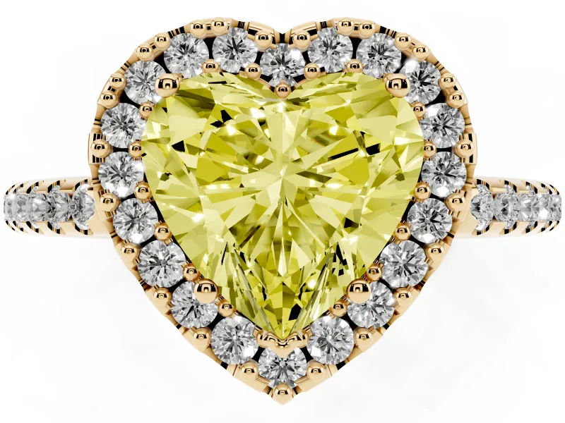 Heart-Shaped Pave Halo Engagement Ring Setting for a Fancy Yellow Lab-Grown Diamond | Pave Band | Yellow Gold