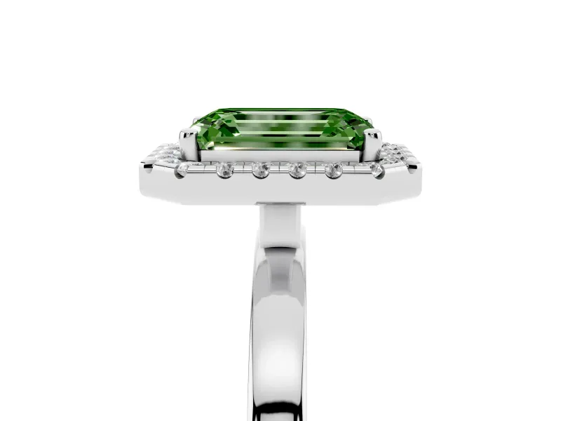 Fancy Green Emerald Cut Diamond Halo Solitaire Ring Set in White gold with Pavé Band and Prong Setting
