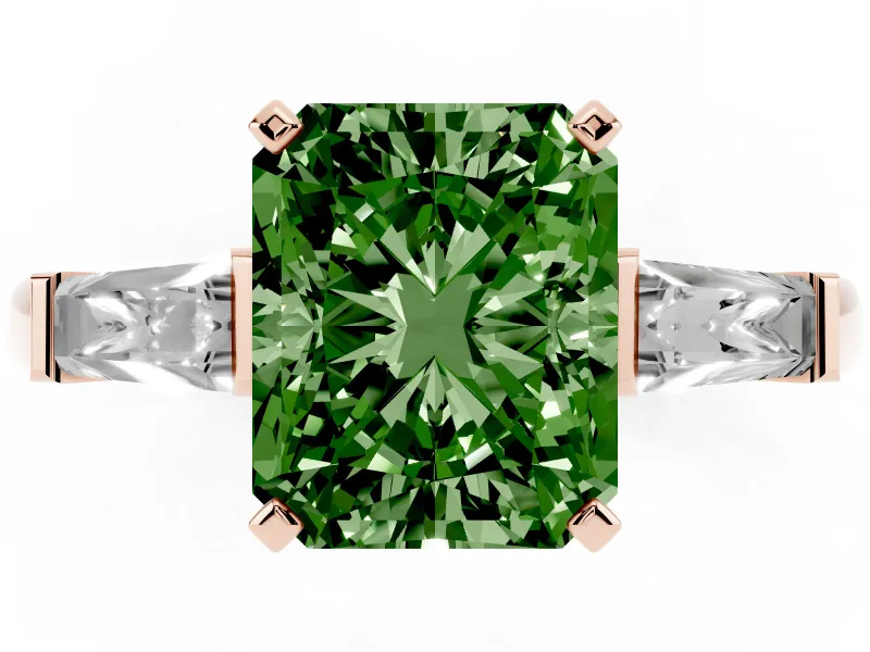 Fancy Green Radiant Cut Diamond Solitaire Ring Set in Rose gold with Tapered Baguette Side Stones and Prong Setting