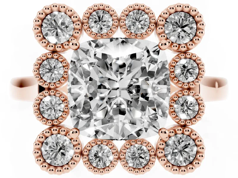 Cushion Cut Vintage Milgrain Bezel Cluster Halo Engagement Ring Setting | Plain Band | Rose Gold