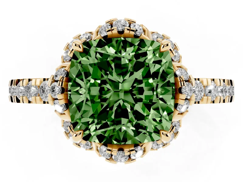 Fancy Green Cushion Cut Diamond Halo Pavé Band Ring Set in Yellow gold with Prong-Held Center