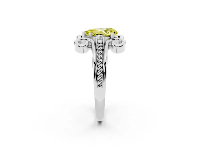 Fancy Yellow Pear Cut Diamond Twisted Band Solitaire Ring Set in Silver with Scroll Prongs