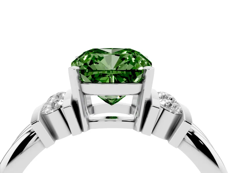 Fancy Green Three-Stone Cushion Cut Diamond Channel Set Ring Set in White gold with Bar Prongs