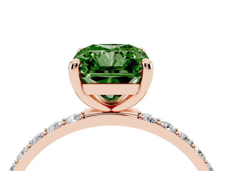 Fancy Green Radiant Cut Diamond Solitaire Ring Set in Rose gold with Round Pavé Band and Prong Setting