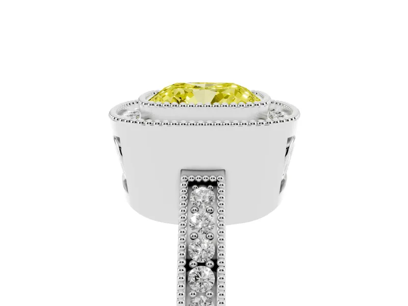 Fancy Yellow Cushion Cut Diamond Halo Ring Set in White gold with Pavé Band and Milgrain-Edged Prongs