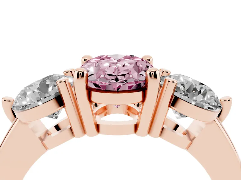 Fancy Pink Oval Cut Diamond Three-Stone Ring Set in Rose gold with Prong Setting and Classic Band
