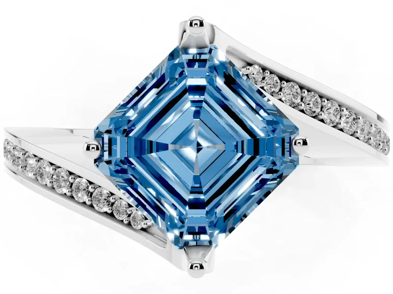 Fancy Blue Asscher Cut Diamond Solitaire Ring Set in White gold with Intertwined Pavé Twist Band