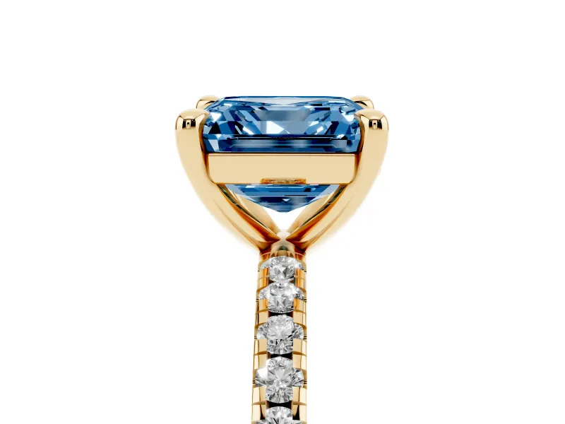 Fancy Blue Asscher Cut Diamond Brilliant Solitaire Ring Set in Yellow gold with Pavé Band and Prong Setting