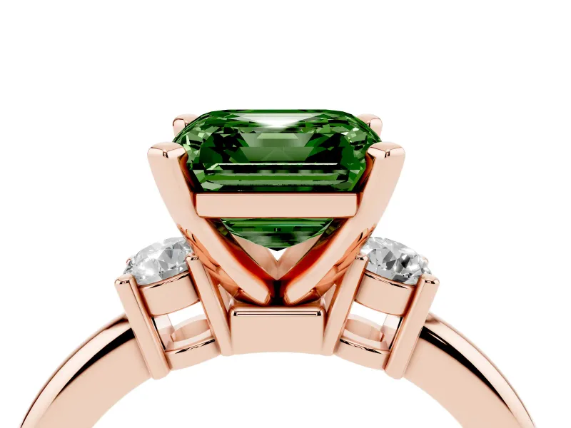 Fancy Green Three-Stone Asscher Cut Diamond Ring Set in Rose gold with Prong Setting and Plain Band